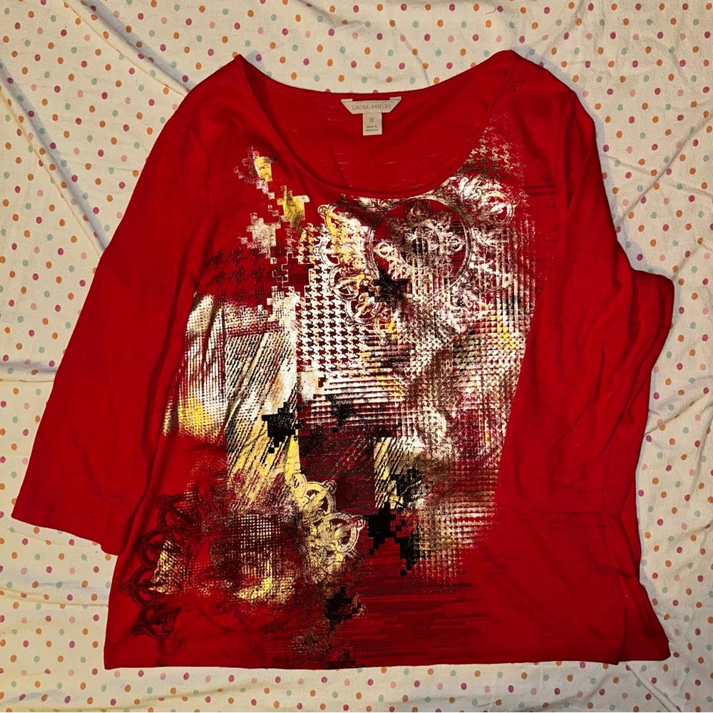 Laura Ashley Red Graphic Top - 1X, 3/4 Sleeves, Scoop Neck, Metallic, NWOT